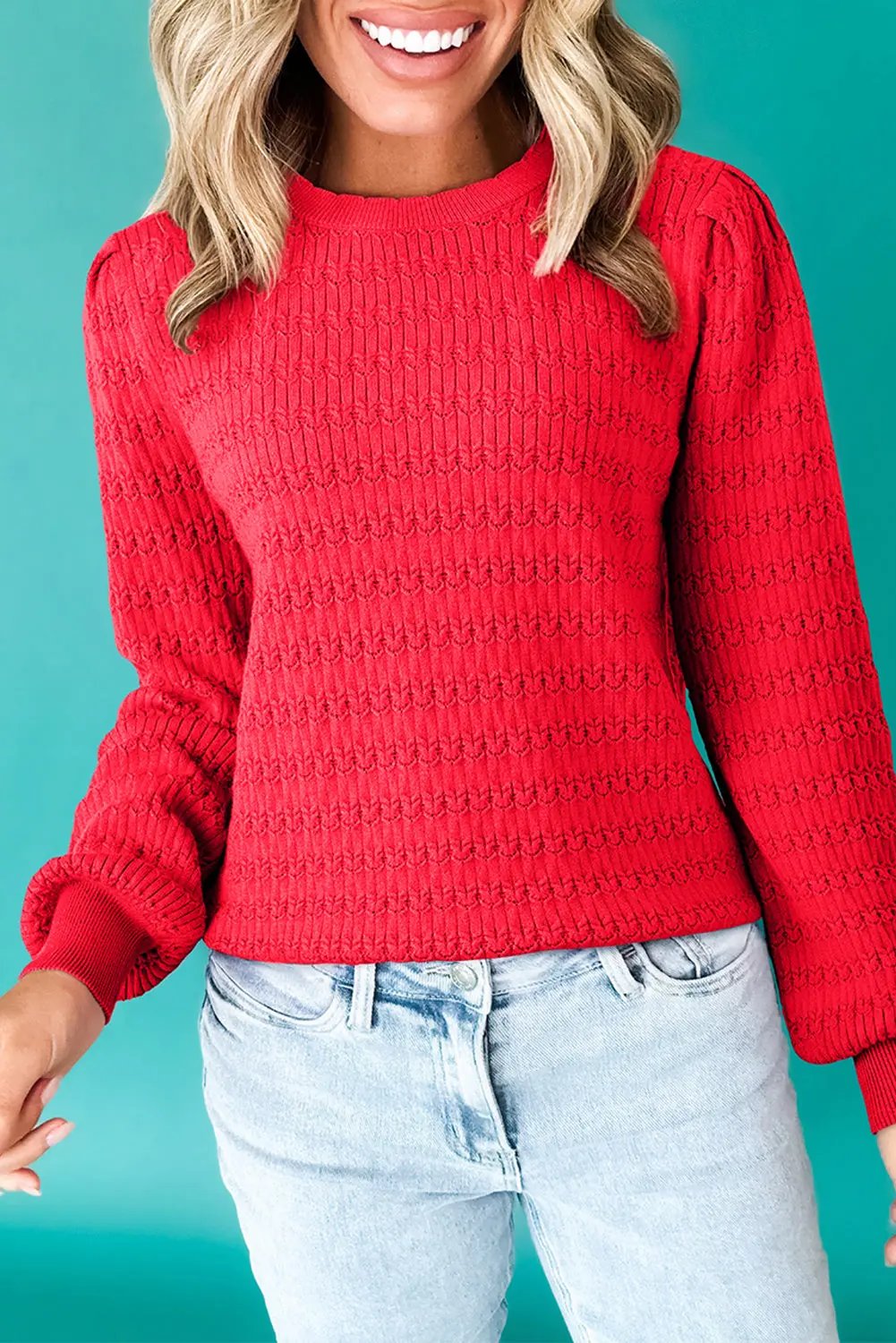 Fiery Red Trendy Print Knit Ribbed Cuffs Crew Neck Sweater Dear-Lover Dropshipping